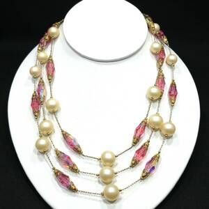 Vintage 1960s Pink Crystal Necklace 3 Strand Aurora Borealis Faux Pearl Beads